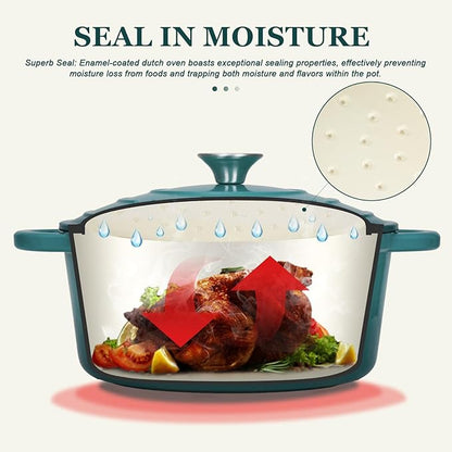 Overmont Enameled Cast Iron Dutch Oven - 7QT Pot with Lid Cookbook & Cotton Potholders - Heavy-Duty Cookware for Braising, Stews, Roasting, Sourdough Baking bottle green - Image 2