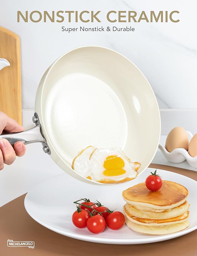 MICHELANGELO Small Frying Pan with Lid, 8 Inch Non Stick Fry Pan, Non Toxic Ceramic Skillet, Oven Safe, Induction Compatible, White - Image 3