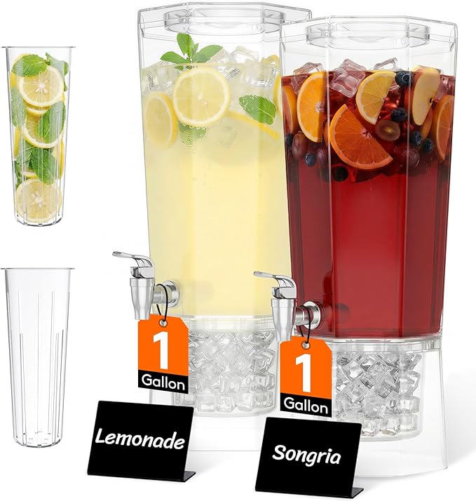 Lifewit 1 Gallon Drink Dispenser for Parties 2 Pcs, Plastic Beverage Container for Juice/Tea/Soda with Stand & Ice Core, Clear Lemonade Dispenser with Spigot, BPA Free Water Pitcher 39 x 16 cm/15x6" by Lifewit