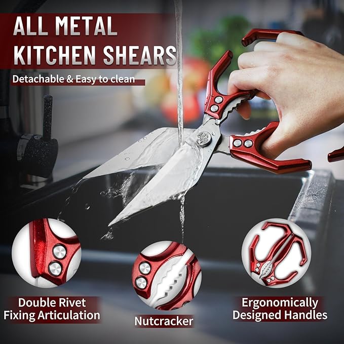 Dream Reach Poultry Shears - Heavy Duty Kitchen Scissors for Food with Ergonomic Handle, Japanese High-Carbon Steel Culinary Shears for Chicken, Meat, Seafood, Bone Cutting, Christmas Gifts (Red) - Image 4