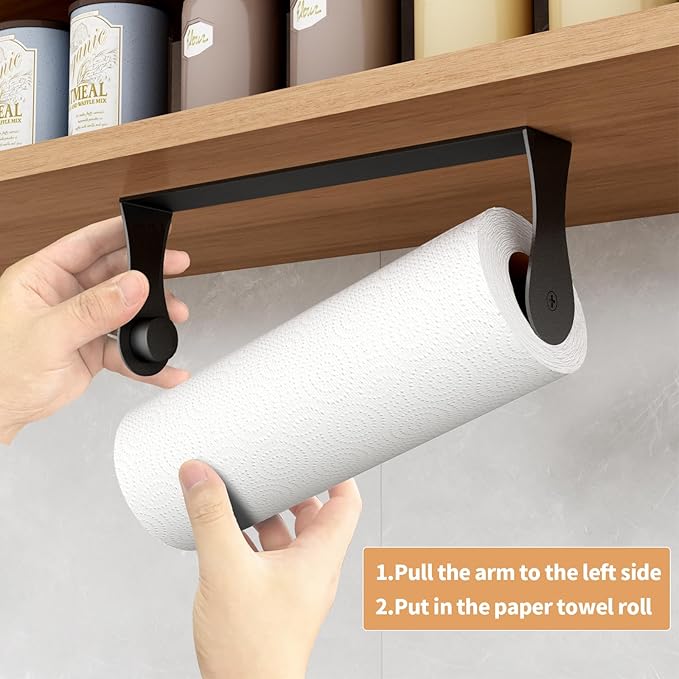 Paper Towel Holder Under Cabinet, Stainless Steel, Wall Mount, Black Adhesive Paper Roll Holder for Kitchen and Bathroom - Image 3