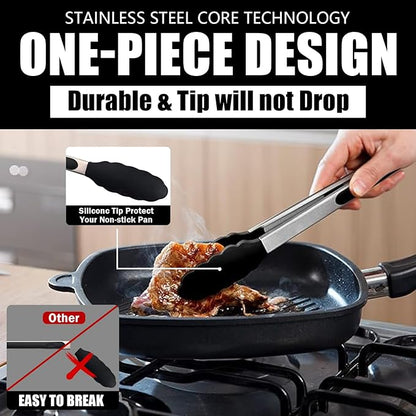 Kitchen Tongs with Silicone Tips, Kitchen Tongs, Cooking Tongs, Premium Stainless Steel Locking Cooking Tongs, Non-Slip Food Tongs for Cooking, Heavy Duty, Non-Stick, 480℉, Set of 3-7"/9"/12" Black - Image 3