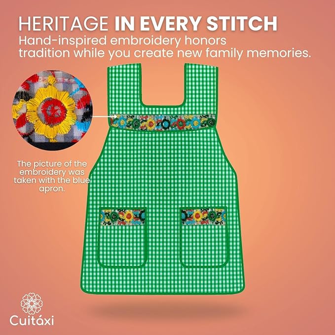 Cuitáxi Traditional Mexican apron for women with deep pockets and beautiful flower embroidery 1 piece - Mandiles para mujer