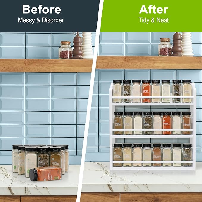 3 Tier Bamboo Spice Rack, Spice Rack Organizer, Seasoning Jars Rack Shelf Spice Organizer for Kitchen Counter or Wall Mounting, Spice Storage Holder with handles, Jars Not Included, White - Image 4