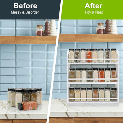 3 Tier Bamboo Spice Rack, Spice Rack Organizer, Seasoning Jars Rack Shelf Spice Organizer for Kitchen Counter or Wall Mounting, Spice Storage Holder with handles, Jars Not Included, White - Image 4