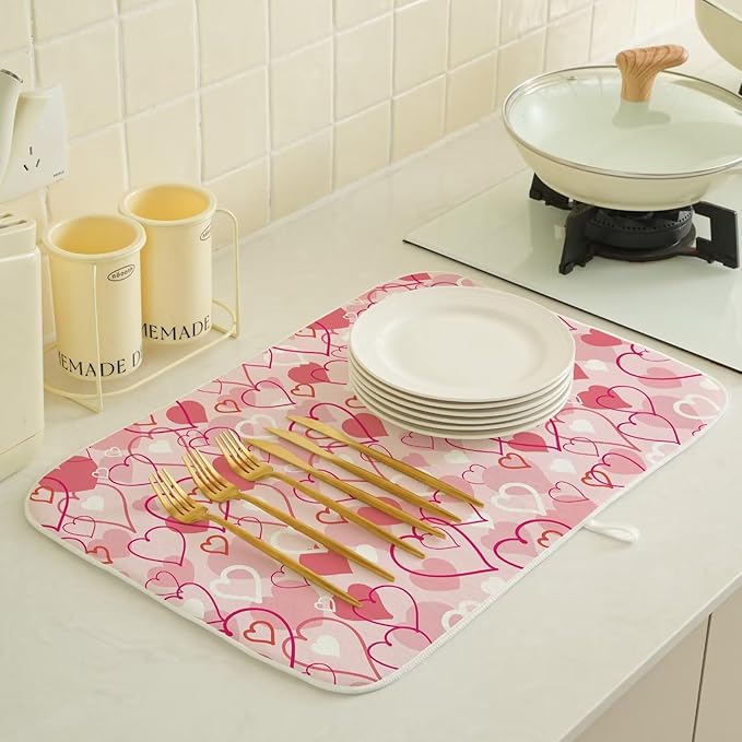 Valentines Day Dish Drying Mat 18 x 24 inch Pink Love Hearts Decorative Drying Mats Microfiber Absorbent Romantic Dish Washable Draining Mat for Kitchen Counter Decor