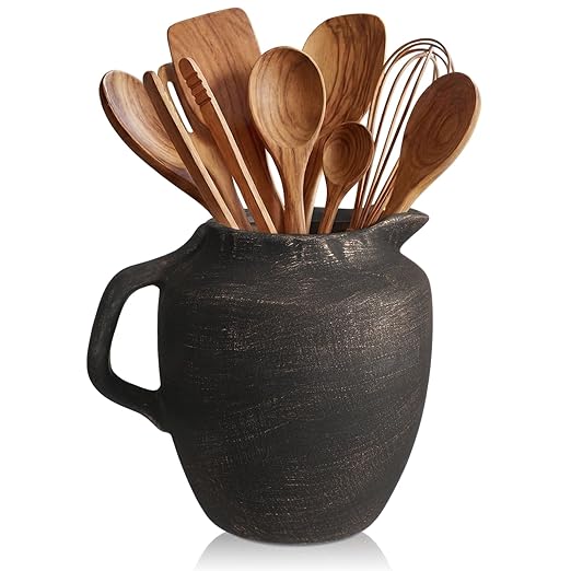 Potchen Rustic Kitchen Utensil Holder with Handle,7.48" H Ceramic Vintage Utensil Crock for Countertop, Farmhouse Kitchen Decoration Ceramic Pot for Spatulas Spoons Tongs(Novelty,Antique Black Gold) by Potchen