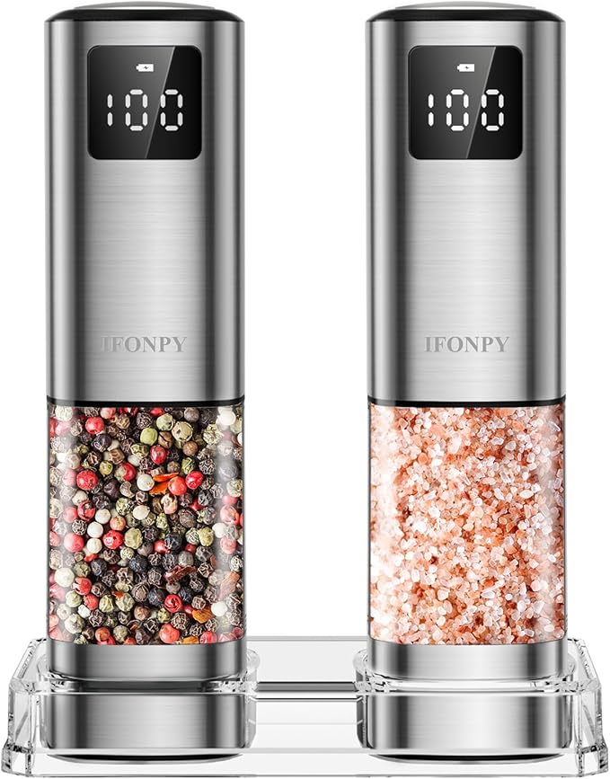 Upgraded Larger Capacity Electric Salt and Pepper Grinder Set Rechargeable with Digital Display, Light & Ceramic Core, Adjustable Coarseness, Stainless Steel Material Sliver 2 Pack by IFONPY