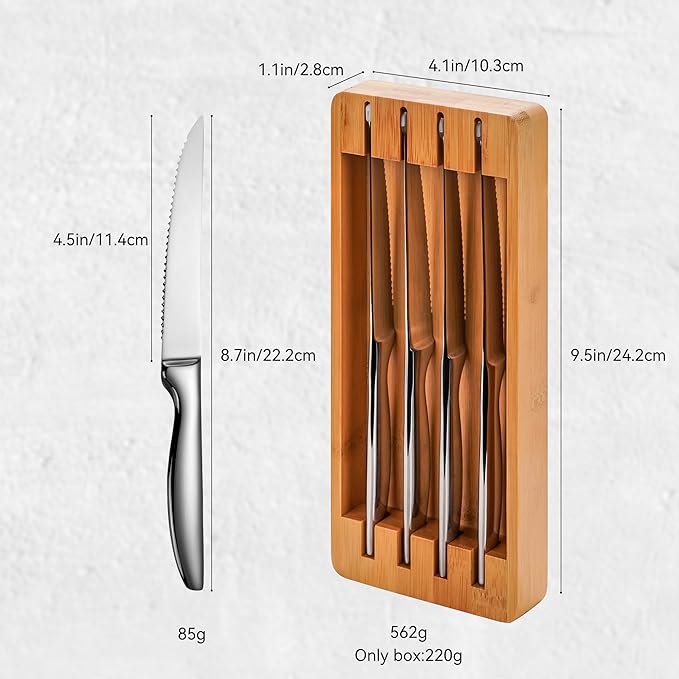 SuperCook Steak Knife Set of 12 with Block Holder, Serrated Steak Knife with Bamboo Storage Box Drawer Insert Organizer, Dishwasher Safe, Silver
