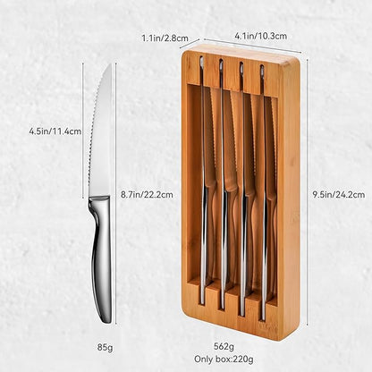 SuperCook Steak Knife Set of 12 with Block Holder, Serrated Steak Knife with Bamboo Storage Box Drawer Insert Organizer, Dishwasher Safe, Silver