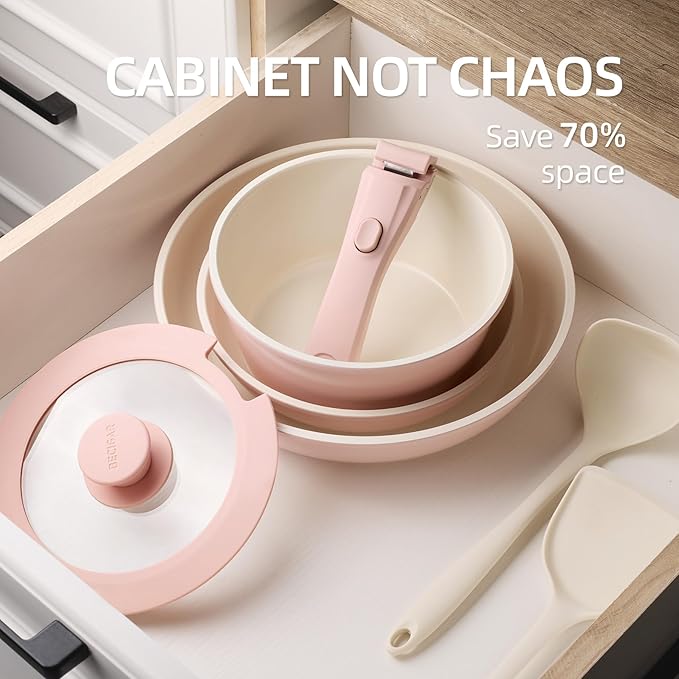 BECIGAR 8PCS Ceramic Cookware,Nonstick Ceramic Pan, Removable Handle Pots and Pans Set, Stackable Pan Set, Nonstick Pots and Pans Set Non Stick pot(Pink) - Image 3