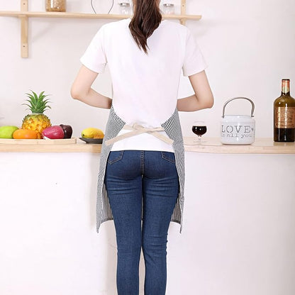 Tosewever 2 Pieces Kitchen Cooking Aprons, Cotton Polyester Blend Adjustable Bib Aprons with 2 Pockets for Women Men Chef Chef (Navy/Black Stripes, 2)