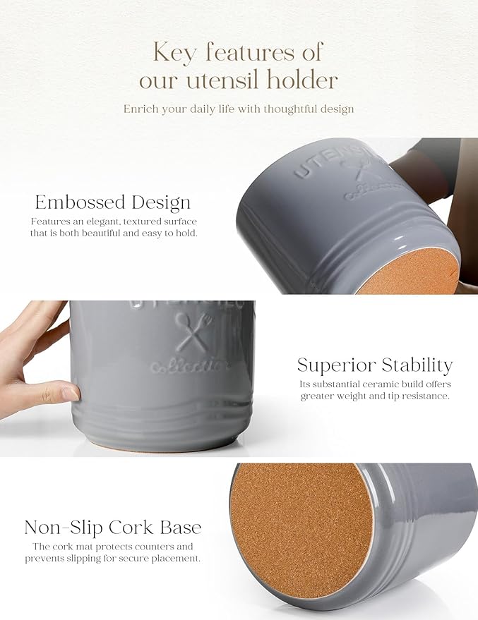 AISBUGUR Large Ceramic Utensil Holder 7.5" H×6.3" W with Slanted Mouth - Utensil Crock with Non-Slip Cork Base for Kitchen Counter, Ideal for Decor & Gift,Grey - Image 7