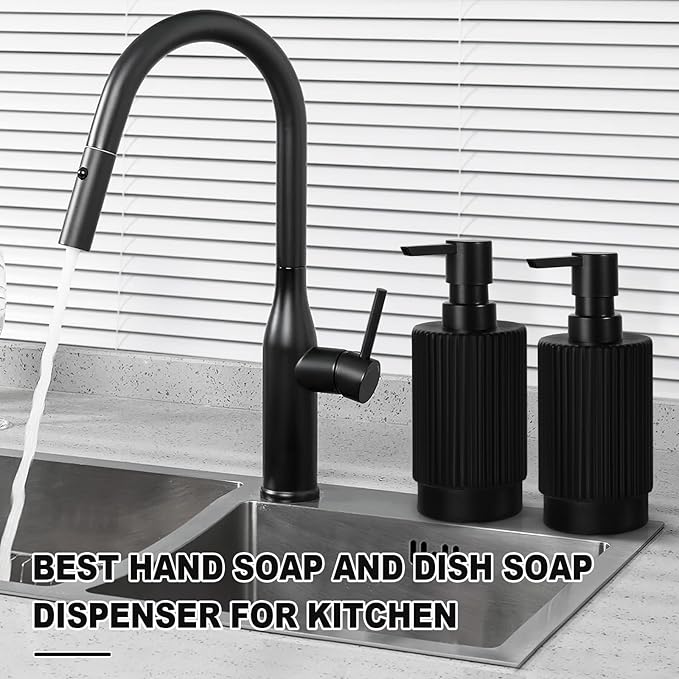 VIMERPA Hand and Dish Soap Dispenser Set for Kitchen, 2 Pack 11 fl oz Matte Black Ribbed Glass Soap and Lotion Dispensers Sets with Pump for Bathroom, Modern Refillable Liquid Soap Pump Bottle
