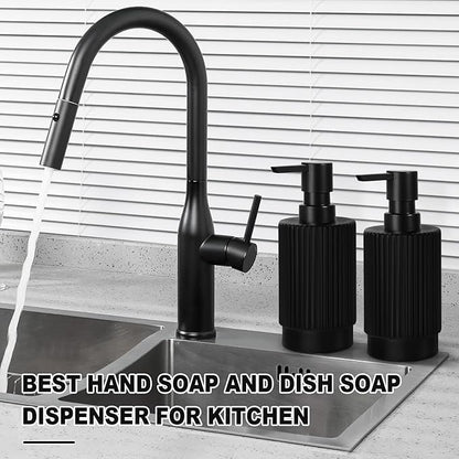 VIMERPA Hand and Dish Soap Dispenser Set for Kitchen, 2 Pack 11 fl oz Matte Black Ribbed Glass Soap and Lotion Dispensers Sets with Pump for Bathroom, Modern Refillable Liquid Soap Pump Bottle
