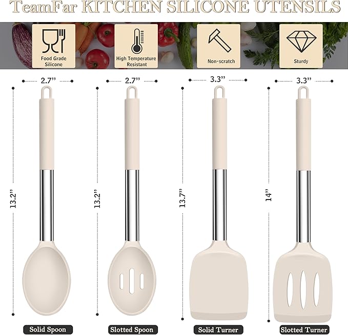 TeamFar Kitchen Utensils, 4 PCS Silicone Cooking Utensils Spatula Spoon Set with Stainless Steel Handle, for Frying Mixing Draining Turning, Healthy & Heat-proof, Non-stick & Dishwasher Safe - Khaki - Image 2