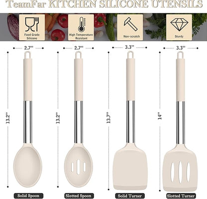 TeamFar Kitchen Utensils, 4 PCS Silicone Cooking Utensils Spatula Spoon Set with Stainless Steel Handle, for Frying Mixing Draining Turning, Healthy & Heat-proof, Non-stick & Dishwasher Safe - Khaki - Image 2