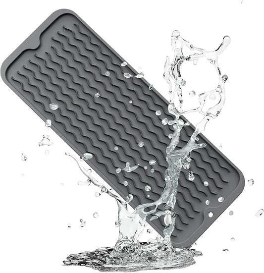 ZLR Silicone Sponge Holder & Sink Caddy Tray (6" x 17") - Narrow Dish Drying Mat for Kitchen Counter - Waterproof Soap Dispenser Organizer, Non-Slip Bathroom Vanity Tray (Dark Gray) by ZLR