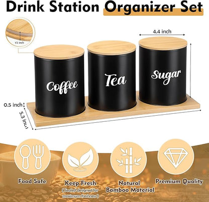 Reallnaive Coffee Tea Sugar Container Set with Tray, Set of 3 Airtight Metal Canister with Bamboo Lids, Farmhouse Kitchen Counter Organizer for Coffee Bar and Drink Station (Black)