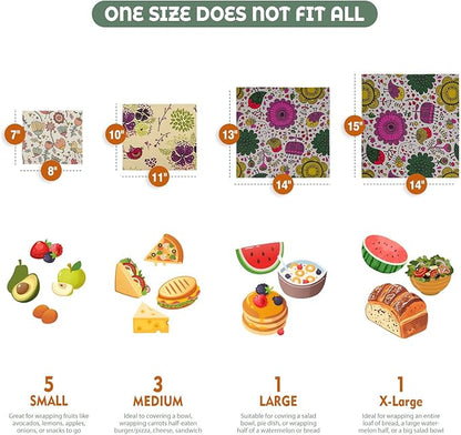 Akeeko Reusable Beeswax Food Wraps - Assorted 9 Packs, Reusable, Plastic-Free Food Storage, 5 Small, 2 Medium, 1 Large, 1 Extra Large Wraps with Plants and Boho Birds Pattern