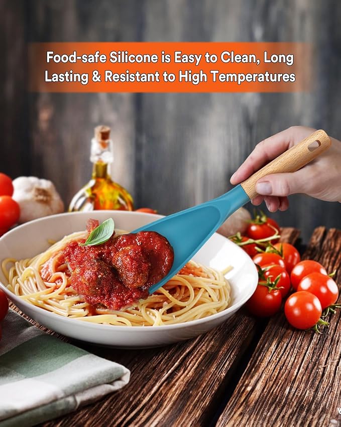 Cooking Spoon for Nonstick Cookwares, Great for Cooking and Serving Sturdy BPA-Free Matte Silicone, Wood Handle Spoon for Mixing, Scoop, and Scrape (Khaki & Turquoise, 11.4 inch) - Image 3