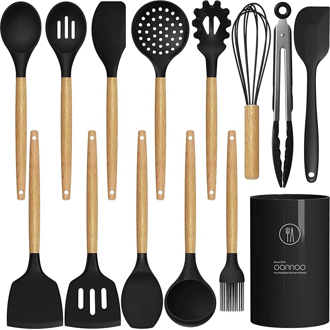 Silicone Cooking Utensils Set Utensil Sets - 446°F Heat Resistant Silicone Kitchen Utensils Set Wooden Handles, Silicone Utensils for Cooking w Holder for Non-Stick Cookware BPA FREE (Black) by oannao