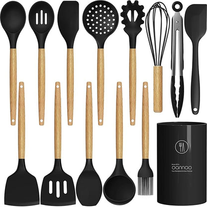 Silicone Cooking Utensils Set Utensil Sets - 446°F Heat Resistant Silicone Kitchen Utensils Set Wooden Handles, Silicone Utensils for Cooking w Holder for Non-Stick Cookware BPA FREE (Black) by oannao