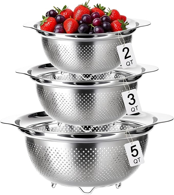 3 Pcs Stainless Steel Colander Strainer Set Metal Colander for Kitchen Pasta Strainer for Rice Food Fruits Spaghetti Vegetables (2QT, 3QT, 5QT) by TINSKY