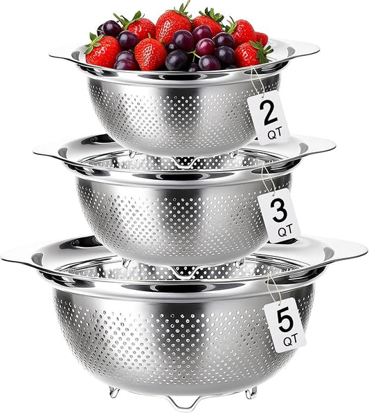 3 Pcs Stainless Steel Colander Strainer Set Metal Colander for Kitchen Pasta Strainer for Rice Food Fruits Spaghetti Vegetables (2QT, 3QT, 5QT) by TINSKY