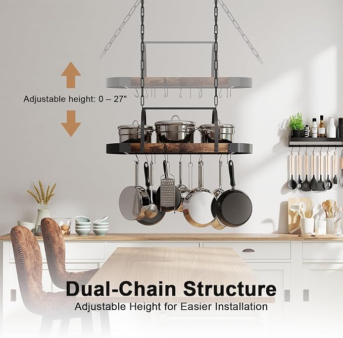 Hanging Pot Rack,32-Inch Ceiling Pot Rack for Kitchen,Space-Saving Pot Hanger with 16 Detachable S Hooks,Sturdy Metal Frame,Industrial Style,for Pot, Pan Storage,Space-Saving - Image 5