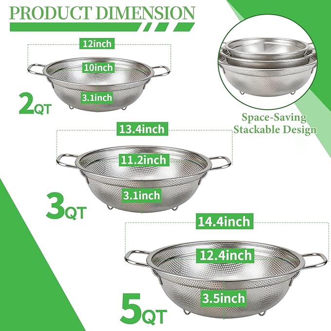 Colander Set of 3, Stainless Steel Micro-Perforated Colanders Strainers for Draining Rinsing Washing, Ideal for Pasta Vegetables Fruits, Heavy Duty & Dishwasher Safe - Image 2