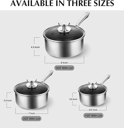 KOCH SYSTEME CS Hybrid Nonstick Stainless Steel Saucepan Set, 6-Piece Triply Stainless Steel Saucepan Set with Hybrid Honeycomb Interior, 1QT & 2QT & 3QT Sauce Pans, Induction Ready, Steel Pot Set - Image 9