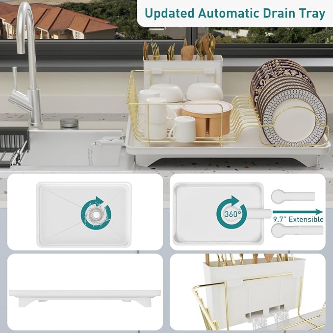 Buruis Dish Drying Rack for Kitchen Countertop, Large Capacity Gold Stainless Steel Dish Drainer with Anti-Slip Rubber Feet, Removable Drain Board and Utensil Holder (White Tray) - Image 3
