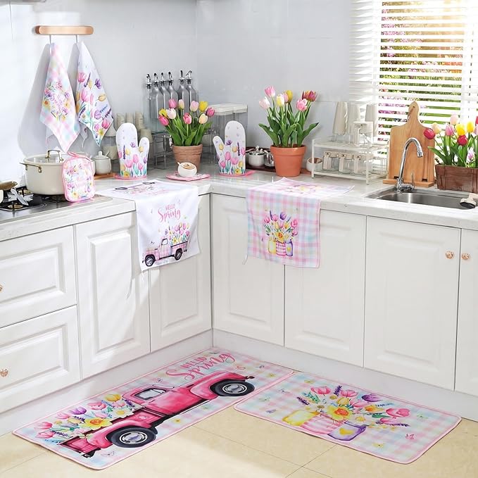 Fourluoo 10 Pcs Spring Flower Farmhouse Kitchen Decor Set Dish Towels Kitchen Rugs Oven Mitts and Pot Holders Set for Cooking Baking Grilling Women Mom Daughter Gift(Vibrant Color)