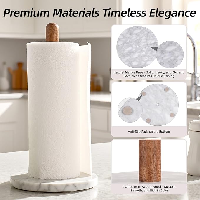 Acacia Wood & Marble Paper Towel Holder – Freestanding Paper Towel Holder for Countertop, Weighted for One-Handed Use, for Kitchen, Bathroom, Office - Image 5