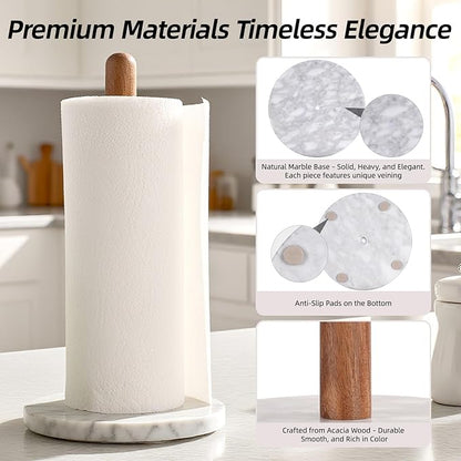 Acacia Wood & Marble Paper Towel Holder – Freestanding Paper Towel Holder for Countertop, Weighted for One-Handed Use, for Kitchen, Bathroom, Office - Image 5