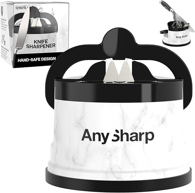 AnySharp – Editions – Hands Free Knife Sharpener - Easy to Use Sharpening Tool w/PowerGrip Suction Base and 20-Degree Pre-Set Angle - for All Knives: Chef's, Serrated, Hardened Steel - White Marble by AnySharp