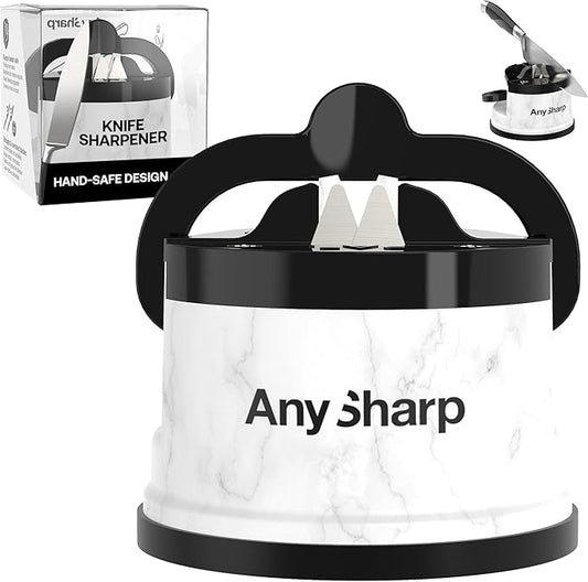 AnySharp – Editions – Hands Free Knife Sharpener - Easy to Use Sharpening Tool w/PowerGrip Suction Base and 20-Degree Pre-Set Angle - for All Knives: Chef's, Serrated, Hardened Steel - White Marble by AnySharp