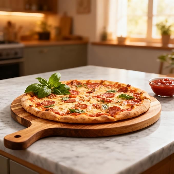 ZeQi Round Acacia Wood Cutting Board with Handle 16''x12'' /Charcuterie Board/Pizza Board/Serving Board for Cheese, Bread, Vegetables & Fruits (Round) - Image 2