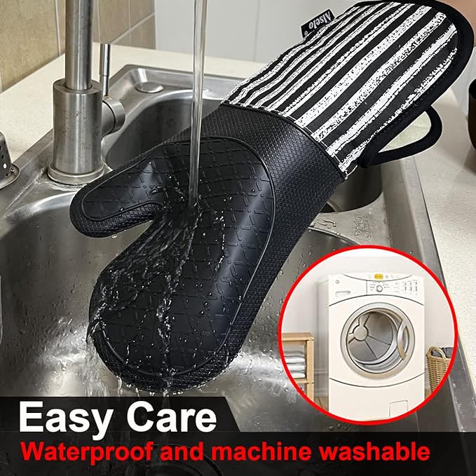 Alselo Silicone Oven Mitts Heat Resistant 932℉ with Waterproof & Non-Slip Kitchen Mittens, Set of 2 Extra Long Oven Gloves with Soft Cotton Terry Lining for Baking Cooking Barbecue (2, Black Mitts) - Image 6