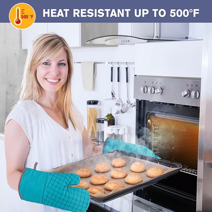 6 Pcs Oven Mitts and Pot Holders, 500℉ Heat Resistant Oven Mitts with Kitchen Towels Soft Cotton Lining and Non-Slip Silicone Surface Safe for Baking, Cooking, BBQ (Lake Blue) - Image 2