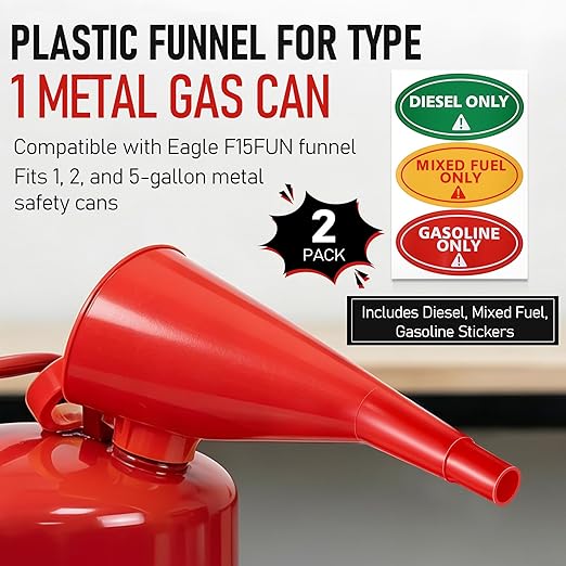 Plastic Funnel for Type I Metal Safety Cans, Compatible with Eagle F15FUN, Fits 1/2/5 Gallon Cans, 10" HDPE Funnel, Includes Diesel Only, Gasoline Only, Mixed Fuel Stickers(2 Pack,Red)