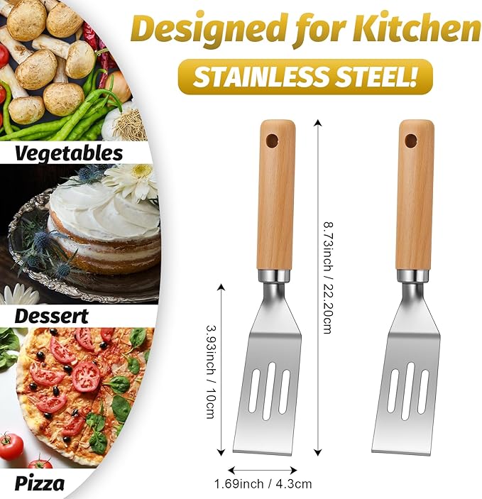 Patelai 5 Pack Small Spatula Mini Serving Brownie Spatula for Serving and Flipping Cooking Pancakes Desserts Cookie Eggs Lasagna (Slotted,Wooden Handle)