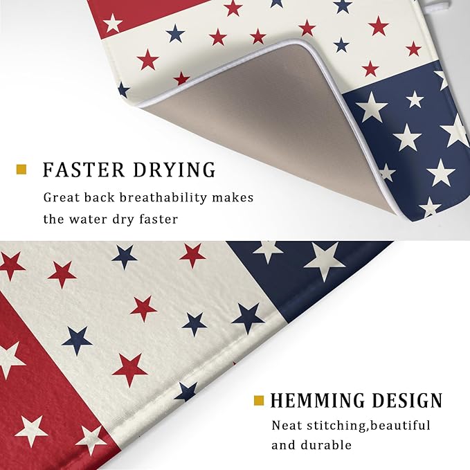 Blue Red White Star July of 4th Patriotic Dish Drying Mat for Kitchen Counter 18x24 Independence Day Absorbent Reversible Microfiber Drying Mats Kitchen Countertop Protector Dishes Drainer Rack Pad - Image 3