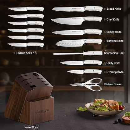 Knife Set, Astercook Kitchen Knife Set with Block, 15 Pcs Luxurious High Carbon German Stainless Steel Knives Set with Full Tang Ergonomic Handle, Dishwasher Safe Knife Set with Sharpening Rod