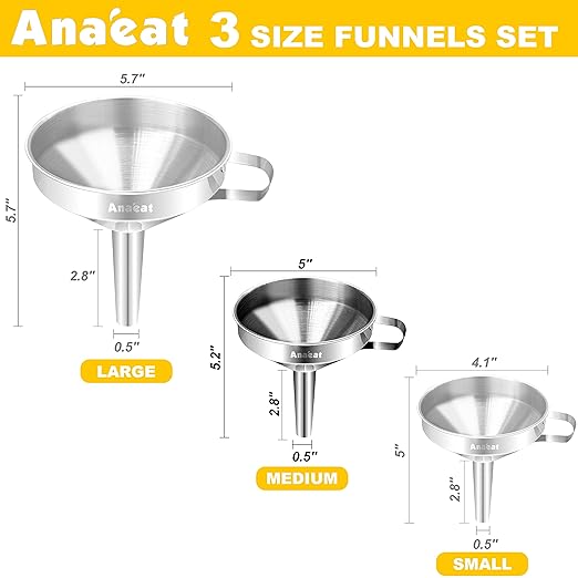 Anaeat Stainless Steel Kitchen Funnel, Multi-Use Premium Metal Food Grade Cooking Funnels with 2 Removable Strainer Filter for Transferring Liquid or Dry ingredients, Oils & 1 Pc Cleaning Brush (5.0") - Image 6