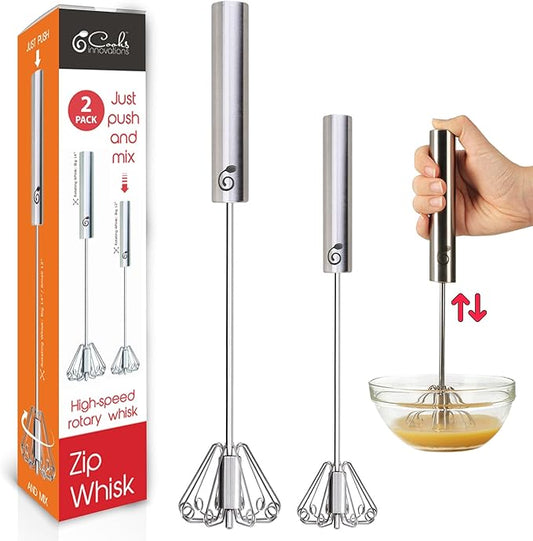 Stainless Steel Egg Beater - Easy to Use Semi-automatic Push-Down Zip Whisker - Rotary Hand Mixer for Beating Eggs, Frothing Milk, Blending, Mixing - Hand Whisk - 2 Pack (12 &14 Inch)