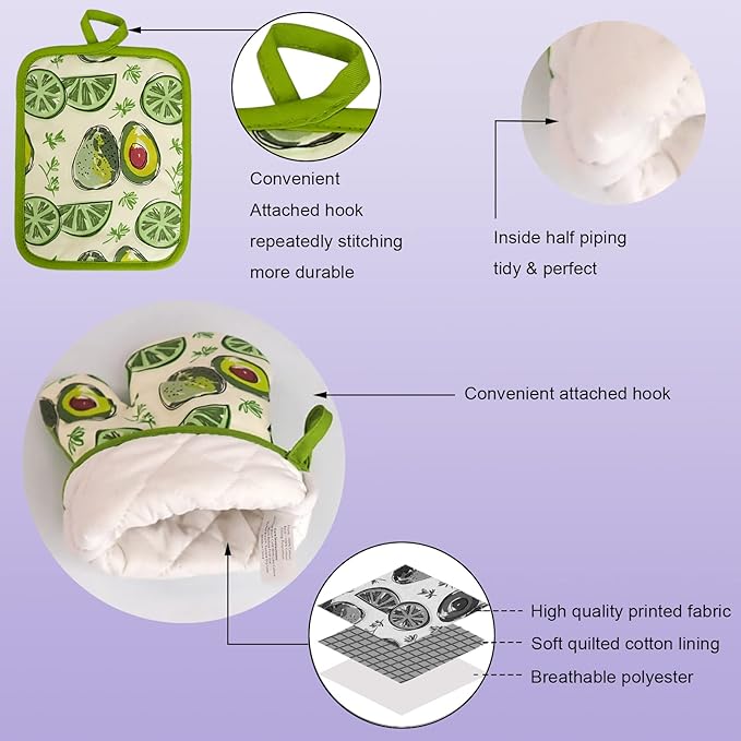 Oven Mitts and Potholders Dish Towles Set 100% Cotton for Perfect for Gifting, Baking and Everyday Cooking Durable Heat Resistant for Kitchen (5-Piece Lemon Avocado) - Image 3