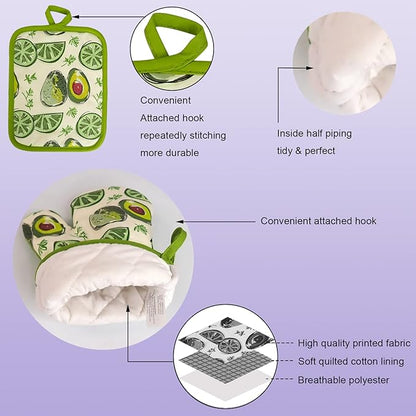Oven Mitts and Potholders Dish Towles Set 100% Cotton for Perfect for Gifting, Baking and Everyday Cooking Durable Heat Resistant for Kitchen (5-Piece Lemon Avocado) - Image 3