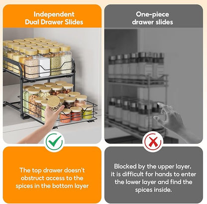 Spice Rack Organizer for Cabinet, 2 Tier Vertical Pull Out Spice Rack – Heavy Duty Metal Spice Organization for Cabinet, 40-Jar Capacity, Height Adjustable Cabinet Organizer (9"W×10.5"D×9"H, Black)